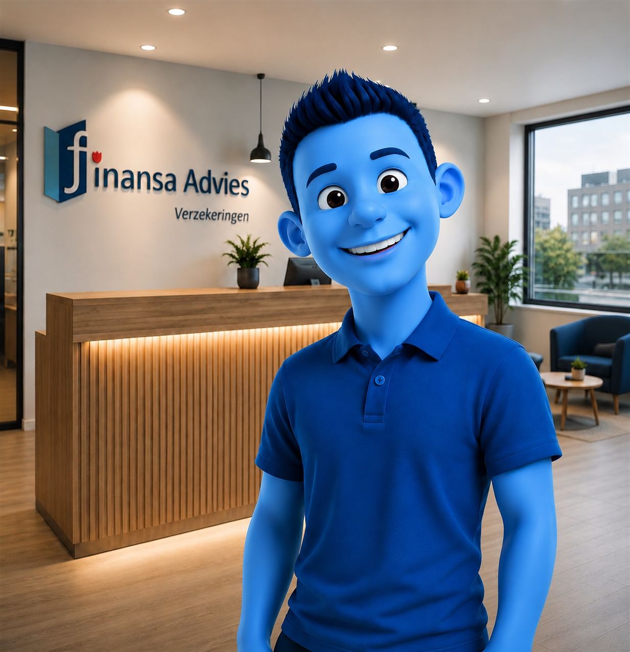 Finansa Advies mascotte in het kantoor